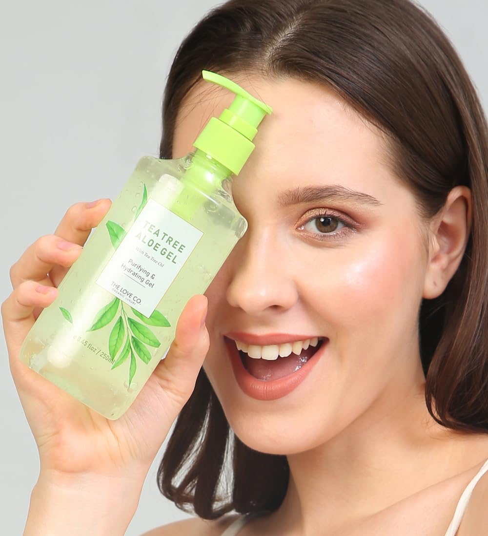 THE LOVE CO Aloe Vera & Tea Tree Oil Gel - 250ml | Natural Acne Treatment & Skin Soothing Moisturizer | Hydrating Face and Body Gel for Dry, Sensitive Skin | Perfect for Daily Skincare Routine & Post-Sun Care