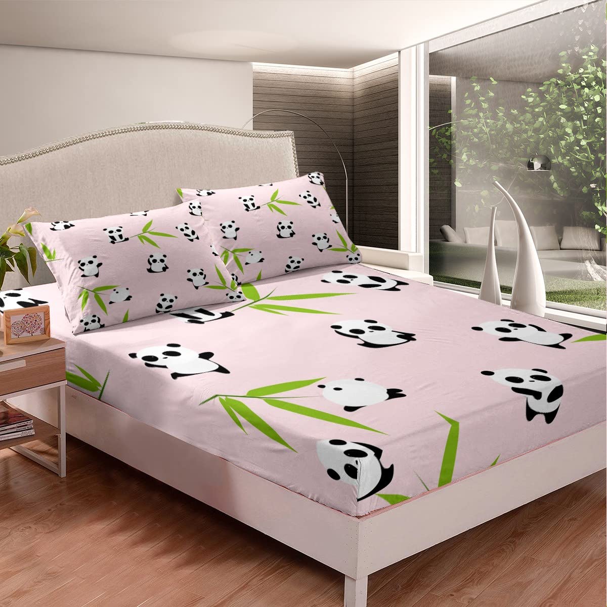 Cute Panda Printed Fitted Sheet Set for Kids - Breathable Cartoon Panda Bear Bedding, Pink Bed Cover for Boys & Girls - Queen Size - Perfect for Nursery, Bedroom Decor & Gift Giving