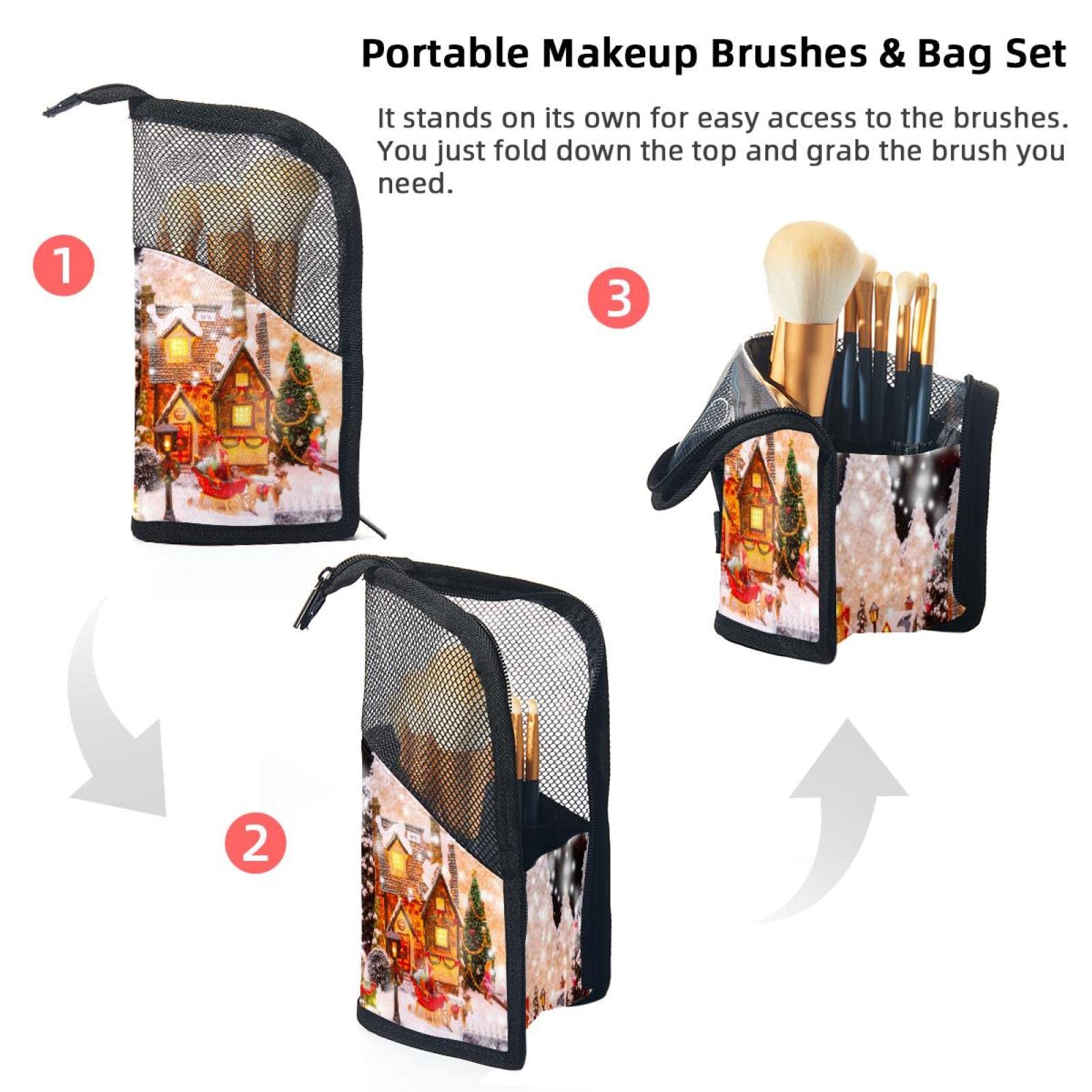 12-Piece Makeup Brush Organizer Bag with Santa Claus Christmas Tree Design - Portable Travel Cosmetic Brush Holder Case for Home, Travel & Holiday Gifting