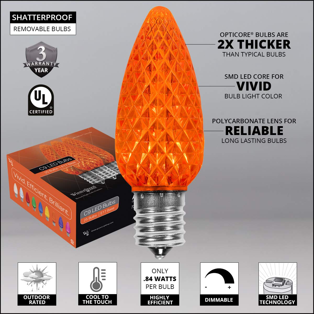 Wintergreen Lighting C9 OptiCore LED Commercial Outdoor Christmas Lights - Heavy Duty Waterproof String Lights for Wedding, Party & Holiday Decor (25 Amber/Orange Bulbs, 25ft White Wire) - Perfect for Rooflines, Trees & Outdoor Holiday Displays