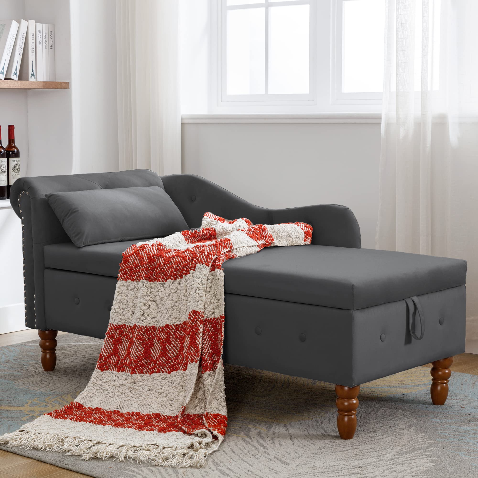 Luxury Velvet Chaise Lounge Chair with Storage - Button Tufted Upholstered Sofa with Lumbar Pillow & Rolled Arms for Living Room, Bedroom, Office - Perfect for Reading Nook, Home Theater Seating & Guest Accommodation (Black)