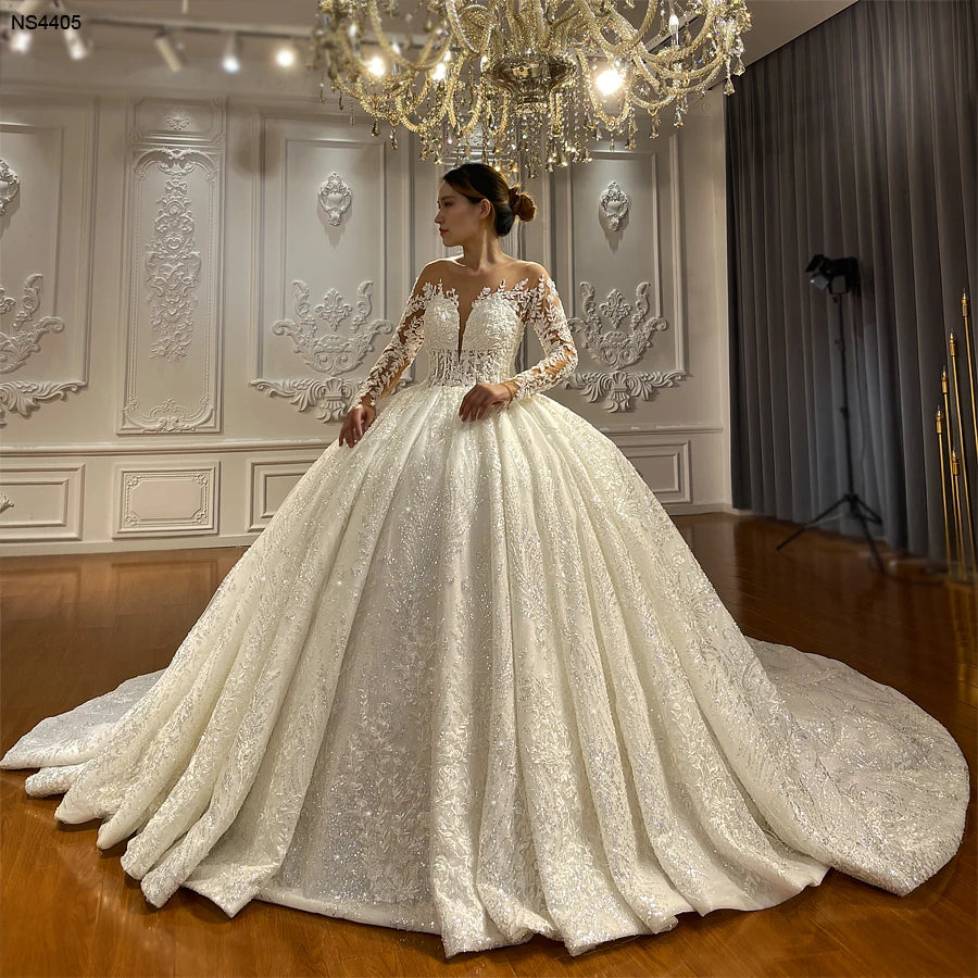 Elegant Long Sleeve Off-White Lace Ball Gown Wedding Dress - Luxury Bridal Gown for Romantic Ceremonies & Formal Events