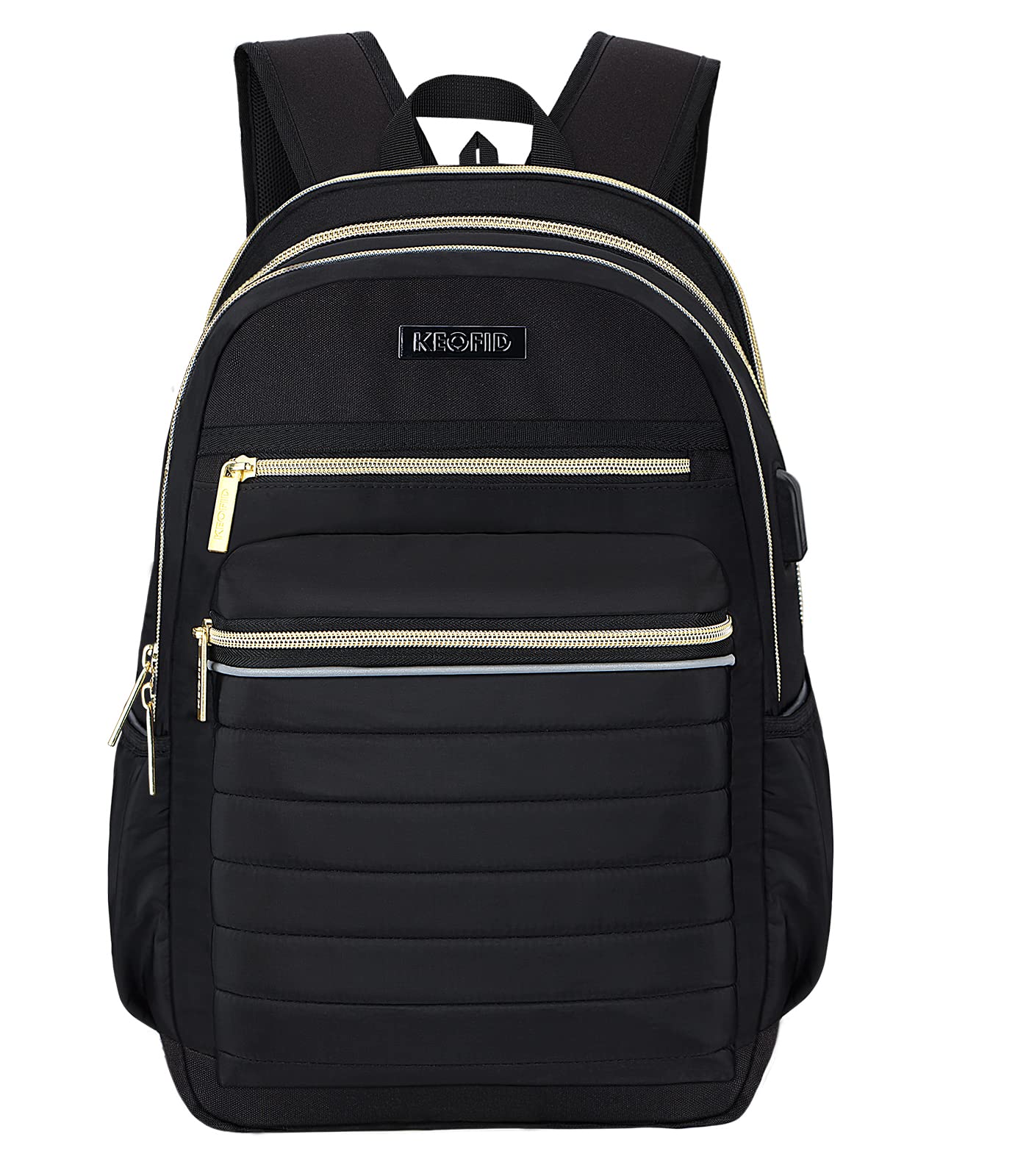 KEOFID Anti-Theft Travel Backpack for Men & Women - Stylish College Backpack with RFID Protection (Black & Gold) | Perfect for Commuting, School & Business Travel