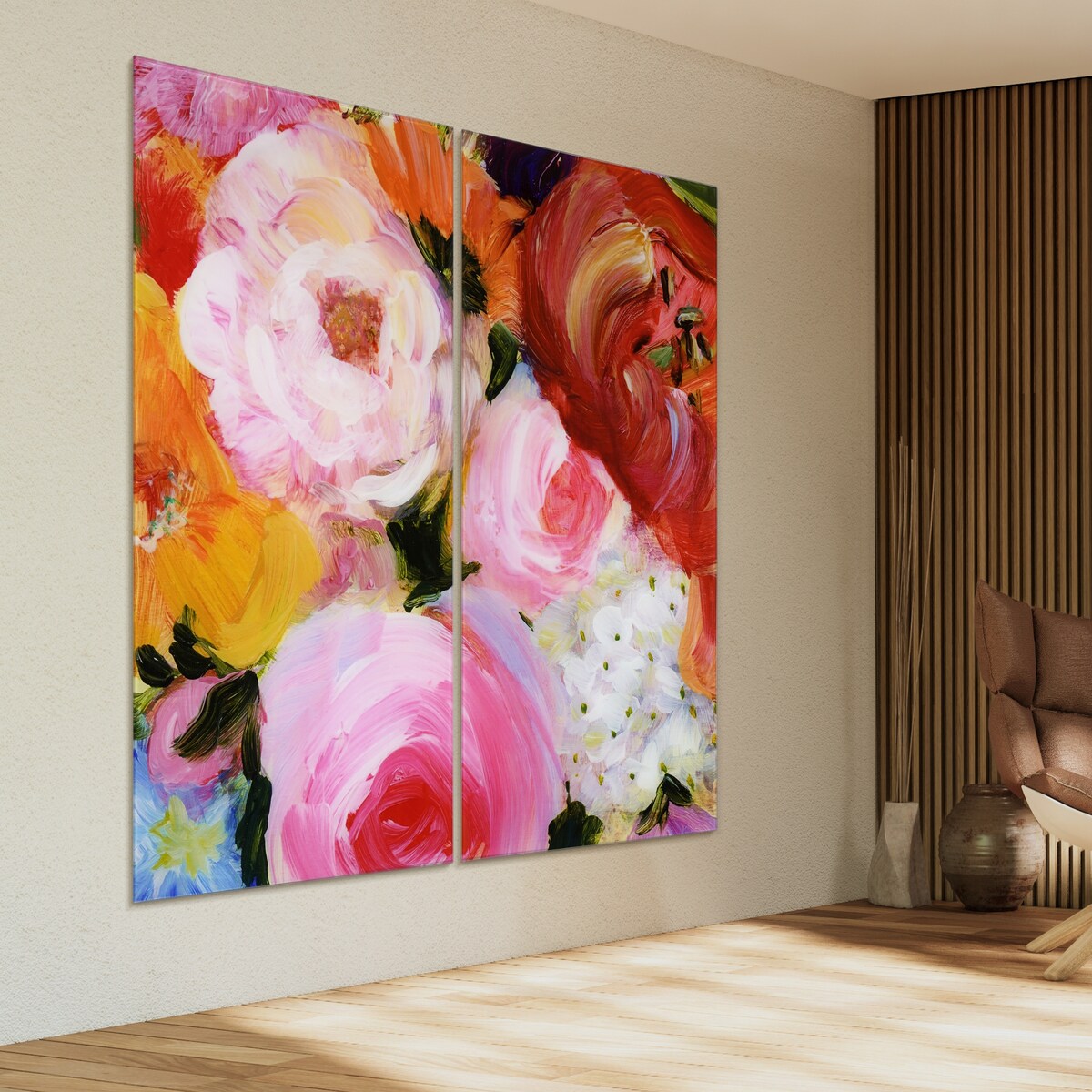 Blossoms in Rouge & Blush Oversized 72x36 Frameless Floating Reverse Printed Tempered Glass Art Panels Set - Perfect for Living Room, Bedroom & Office Wall Decor