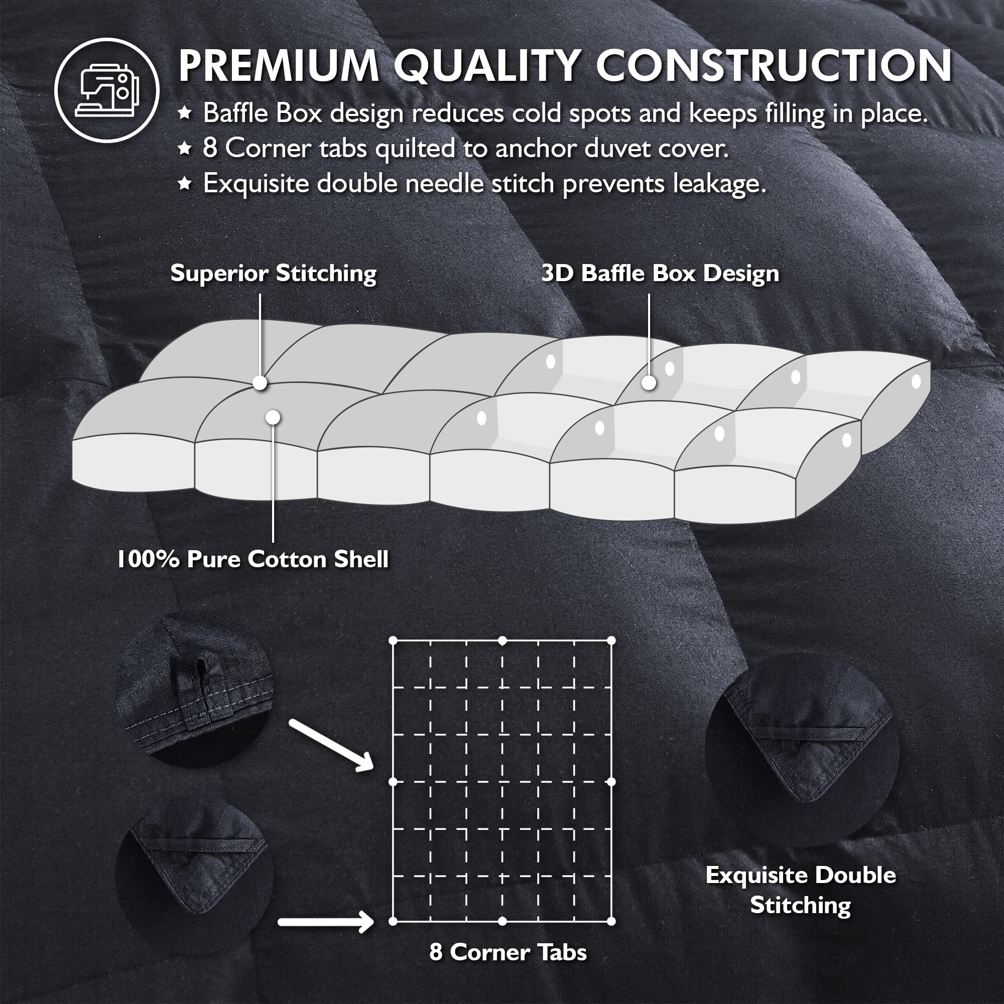 Luxury King Size Goose Down Feather Comforter - 100% Egyptian Cotton Cover, 90 oz Fill Weight - All Season Down Alternative Duvet Insert (Palatial King, Black) for Master Bedroom, Guest Room & Hotel Use