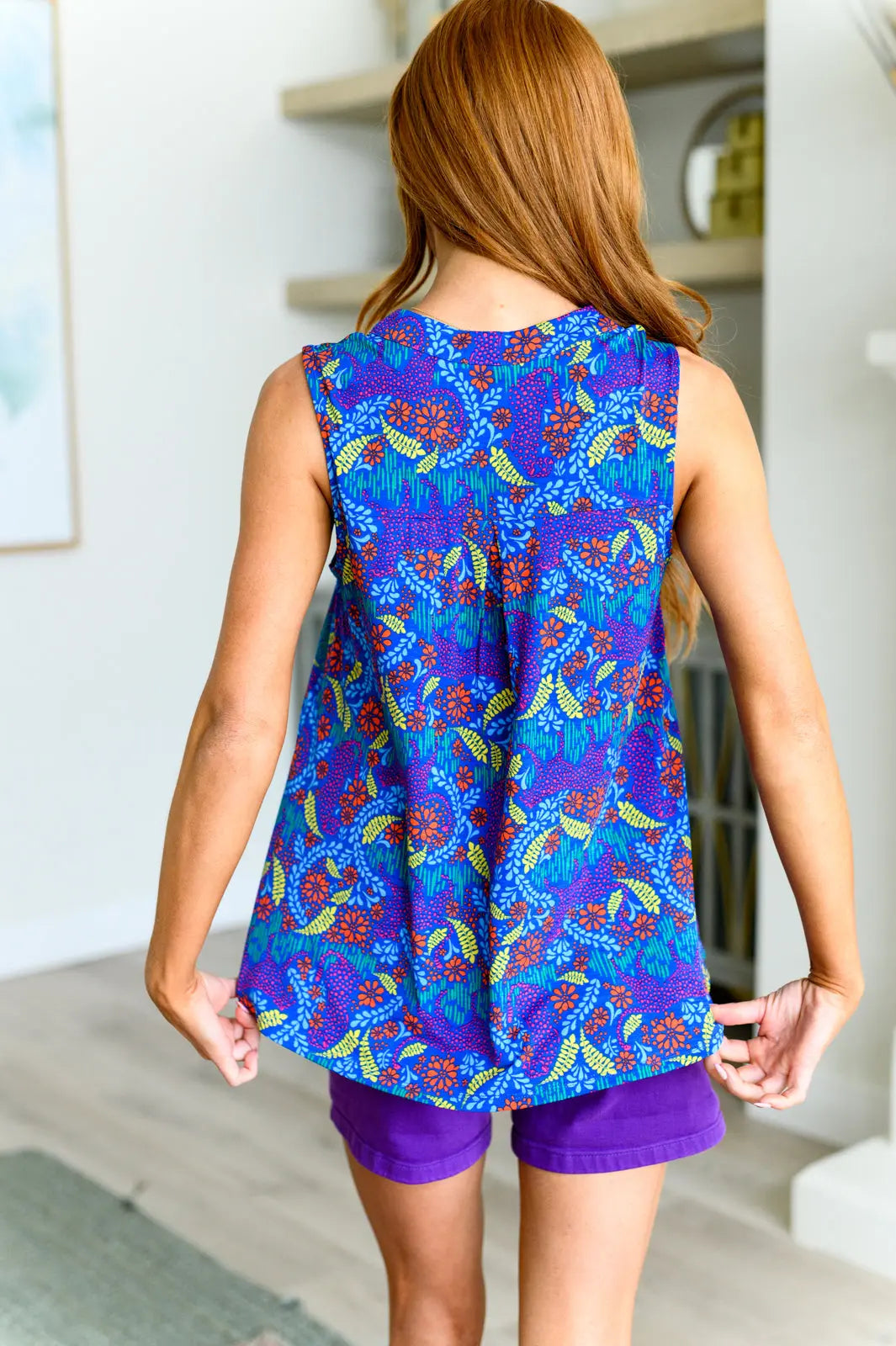 Lizzy Women's Tank Top - Royal Blue & Red Abstract Print - Casual Summer Tops for Beach, Yoga & Everyday Wear
