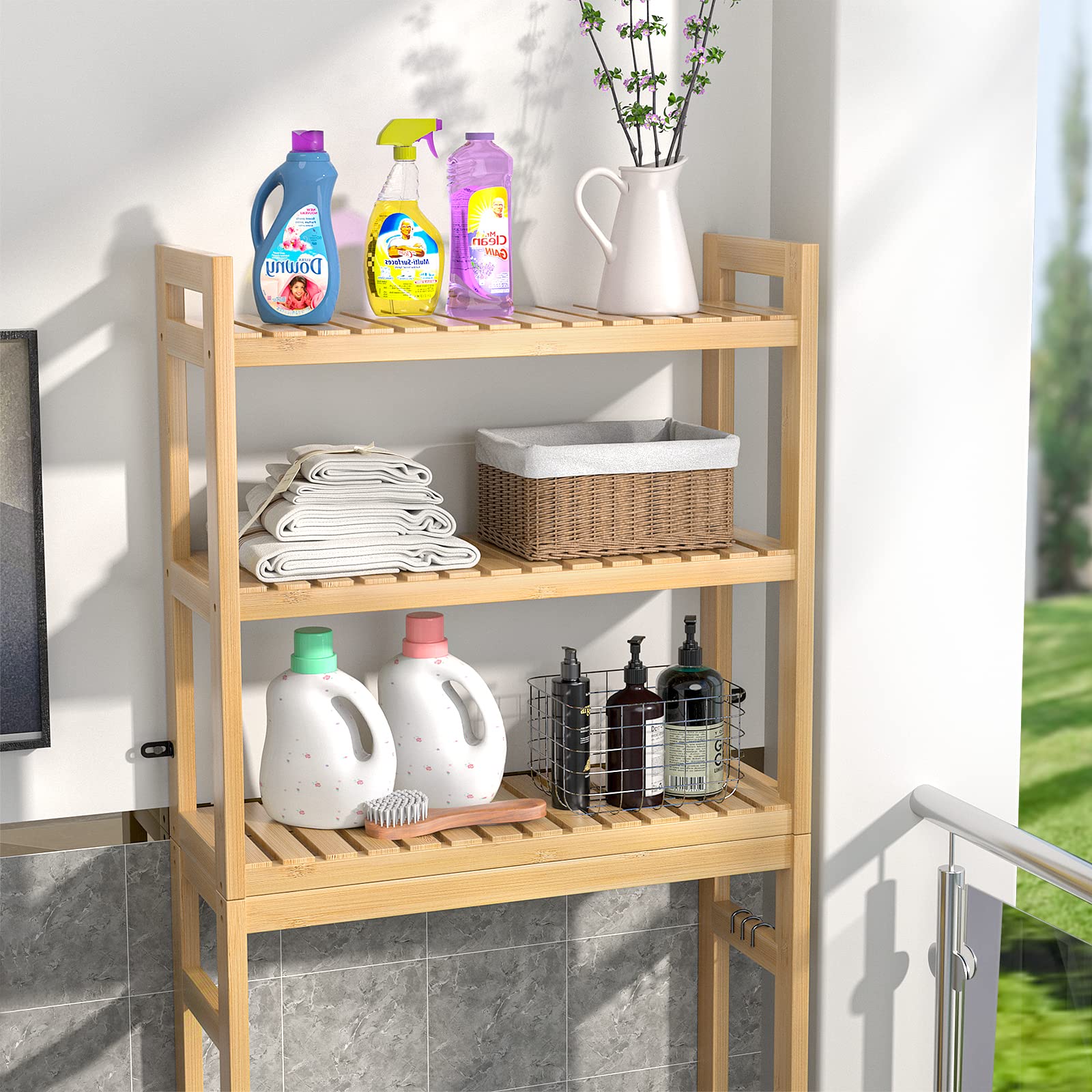 Homykic 3-Tier Over The Toilet Storage Shelf - Bamboo Bathroom Organizer with 3 Hooks, Freestanding Space-Saving Rack for Small Bathrooms, Laundry Rooms & Restrooms - Easy Assembly, Natural Finish - Perfect for Organizing Towels, Toiletries & Cleaning Supplies