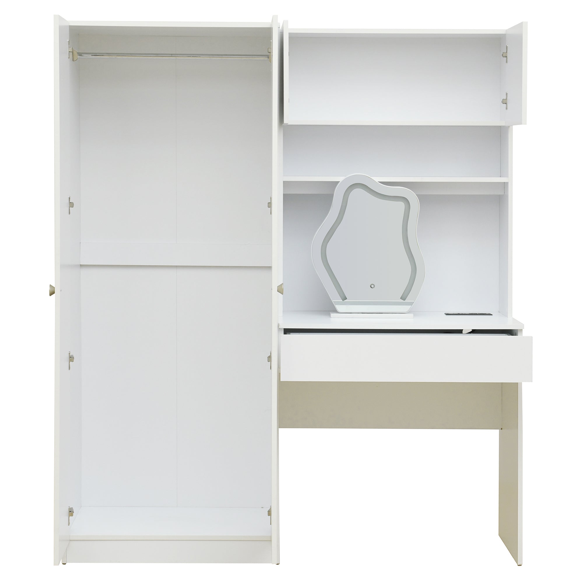 White 2-Door Wooden Storage Vanity Wardrobe with Makeup Mirror & Drawers - Bedroom Organizer for Clothes, Jewelry & Cosmetics | Perfect for Small Spaces & Master Bedrooms