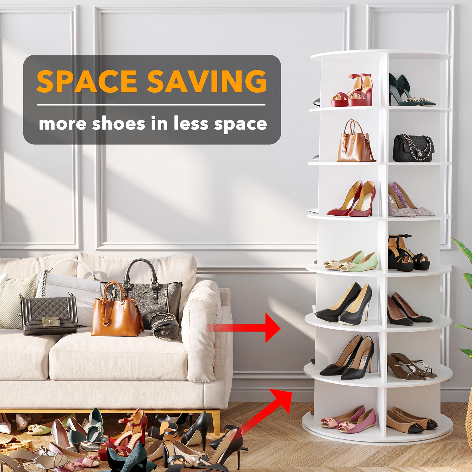 SpaceAid 7-Tier Rotating Shoe Rack Tower - 360° Spinning Shoe Storage Organizer for Closet, Handbags & Accessories | White Lazy Susan Carousel Display | Perfect for Small Spaces, Bedroom & Entryway Organization