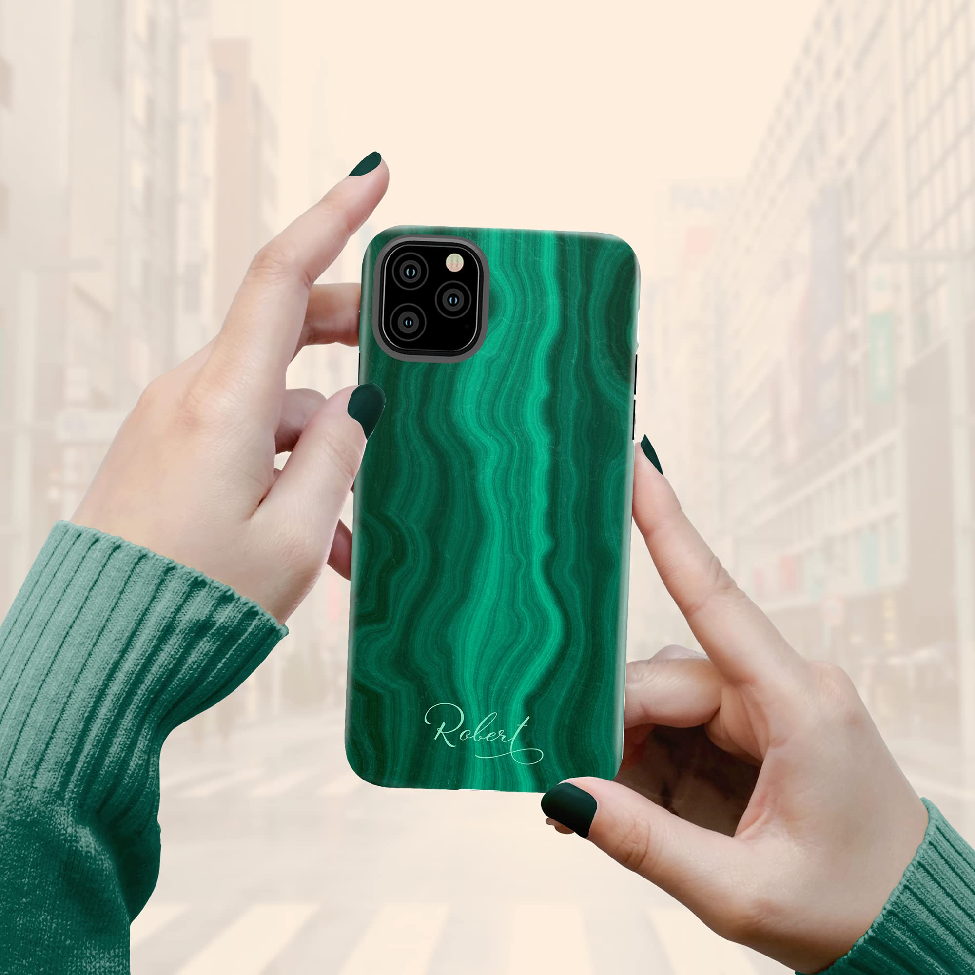 Custom Emerald Malachite Agate Marble Phone Case - Personalized Name Engraved - Compatible with iPhone 16 Plus/15 Pro Max/14/13 Mini/12/11/X/XS Max/XR/7/8 - Trendy Protective Cover for Work, Travel & Everyday Use