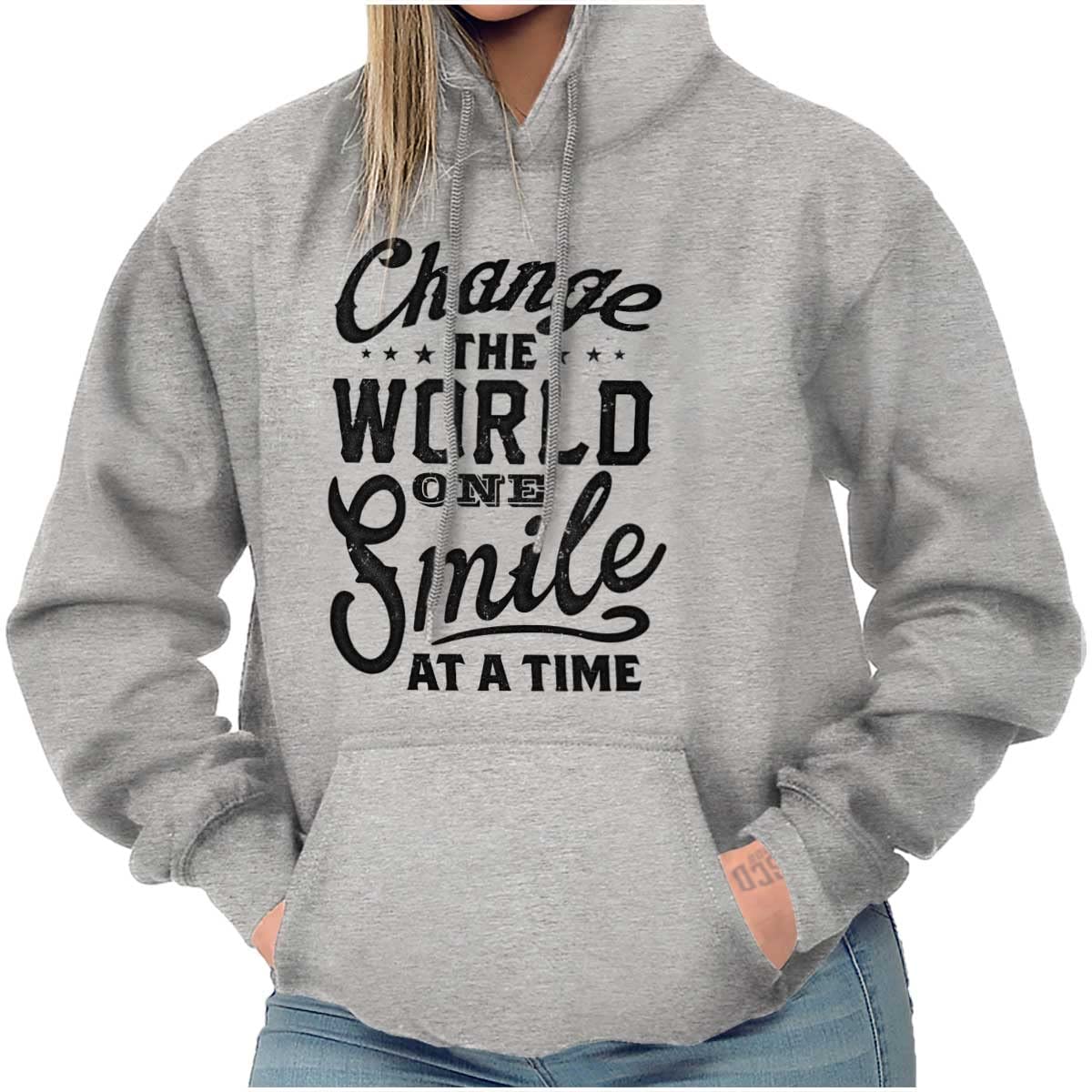 Brisco Brands Inspirational Hoodie Sweatshirt for Women - Change the World One Smile at a Time - Cozy Pullover for Casual Wear, Gym & Outdoor Activities