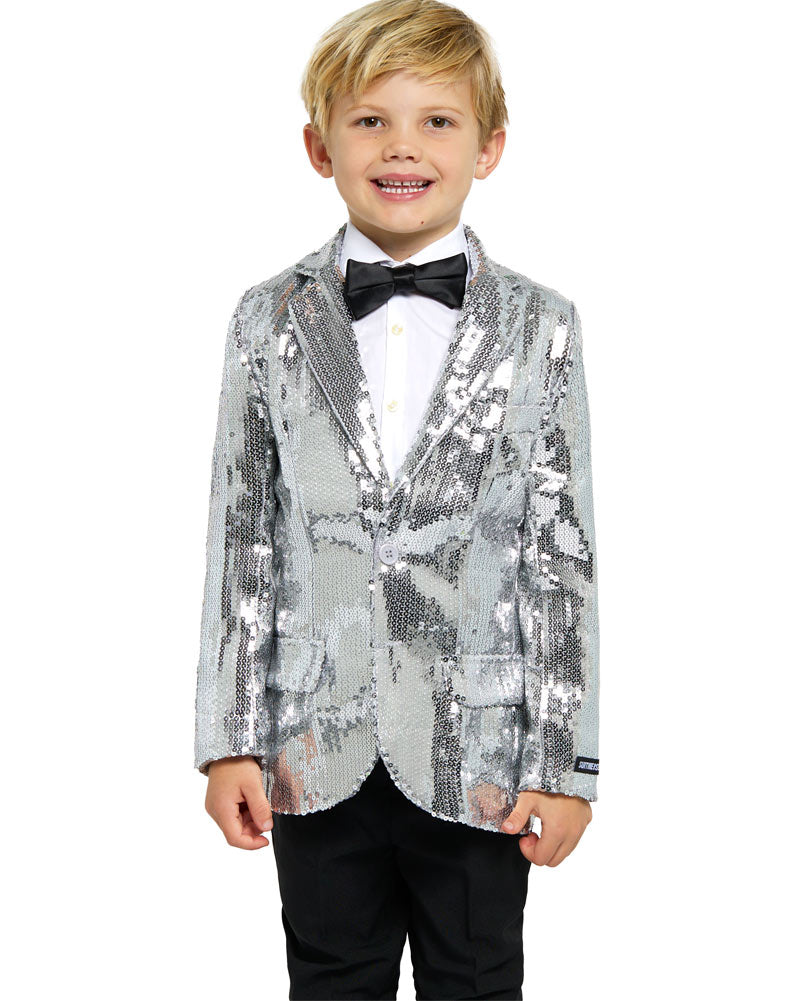 Vintage 70s Sequins Silver Boys Suit Jacket - Retro Disco Party Costume for Kids, Halloween & Dance Performance