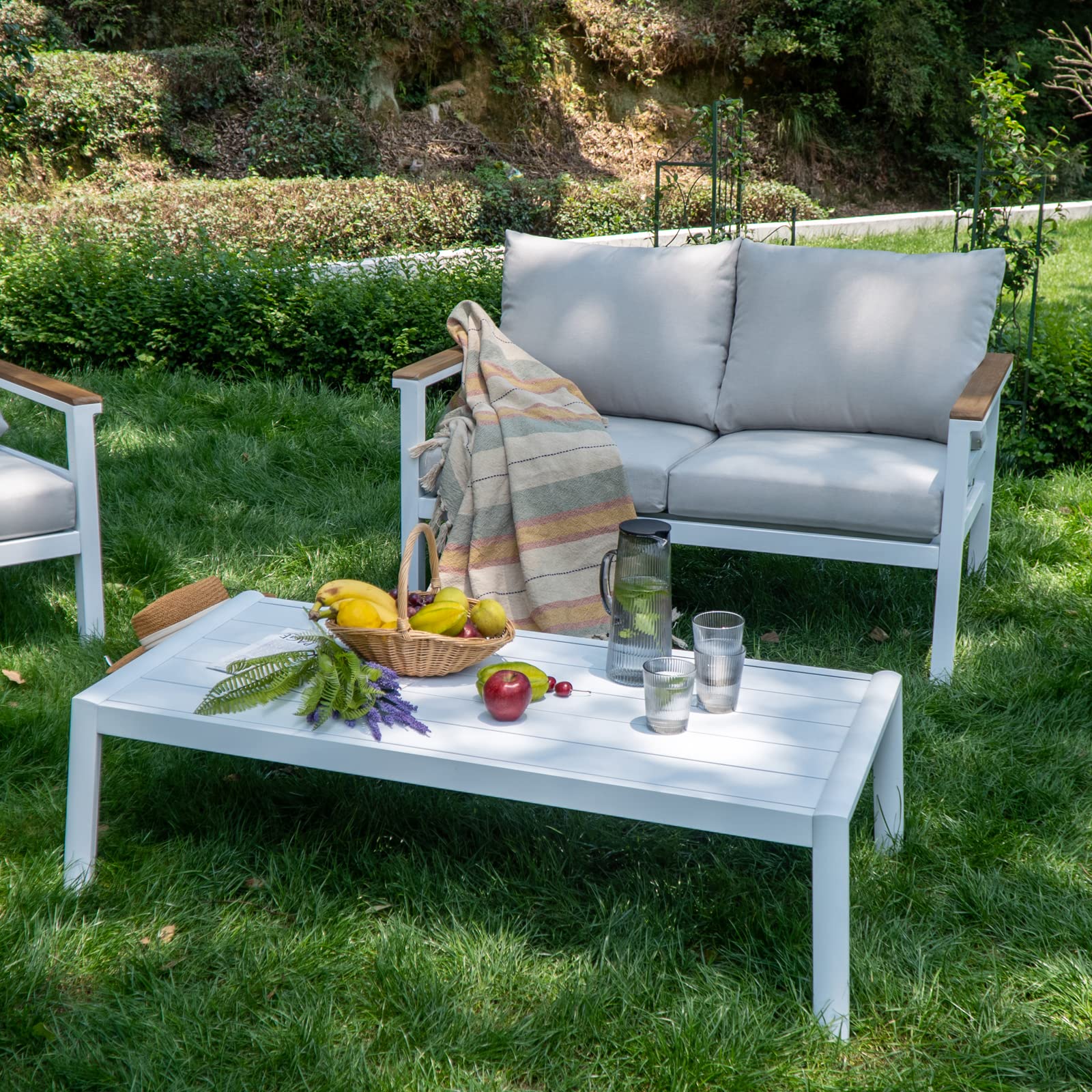 Outdoor Patio Furniture Set - 2 Seater Aluminum Loveseat Sofa with Beige All-Weather Cushions, White Frame - Perfect for Garden, Balcony, Backyard & Poolside Relaxation