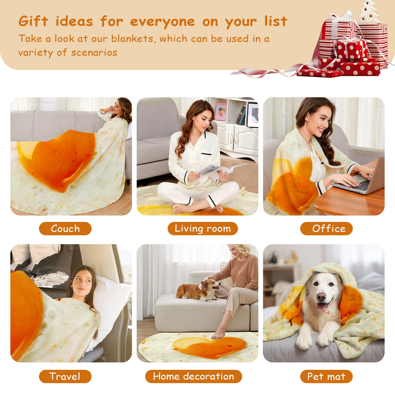 Burritos Wrap Novelty Blanket - Realistic Egg Plush Throw Blanket | Ultra Soft Round Blanket for Bed, Couch, Travel & Picnics | Fun Gift for Taco Lovers & Foodies