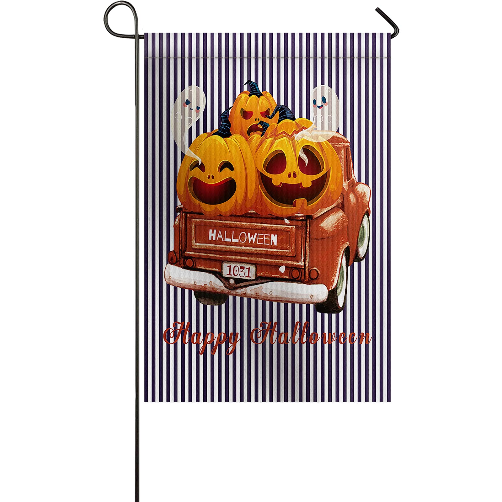 Halloween Garden Flag - Double Sided Orange Pumpkin & Purple Stripes Vertical Yard Banner (12x28 Inch) for Outdoor/Indoor Decor - Perfect for Porch, Lawn, Fence & Halloween Party Decorations