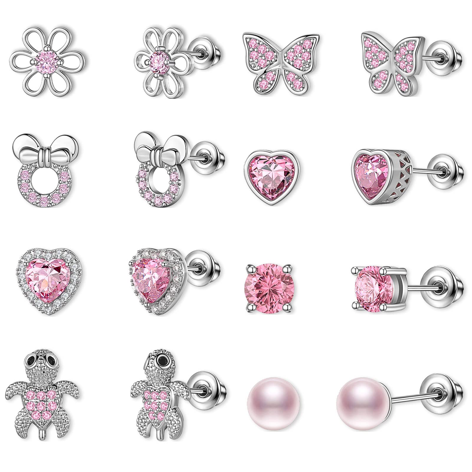 TOPBRIGHT 8 Pairs Hypoallergenic 925 Sterling Silver Earrings - Heart & CZ Tiny Butterfly Stud Earrings for Kids, Toddlers, Girls, Teens & Women | Perfect for Sensitive Ears, Everyday Wear & Special Occasions