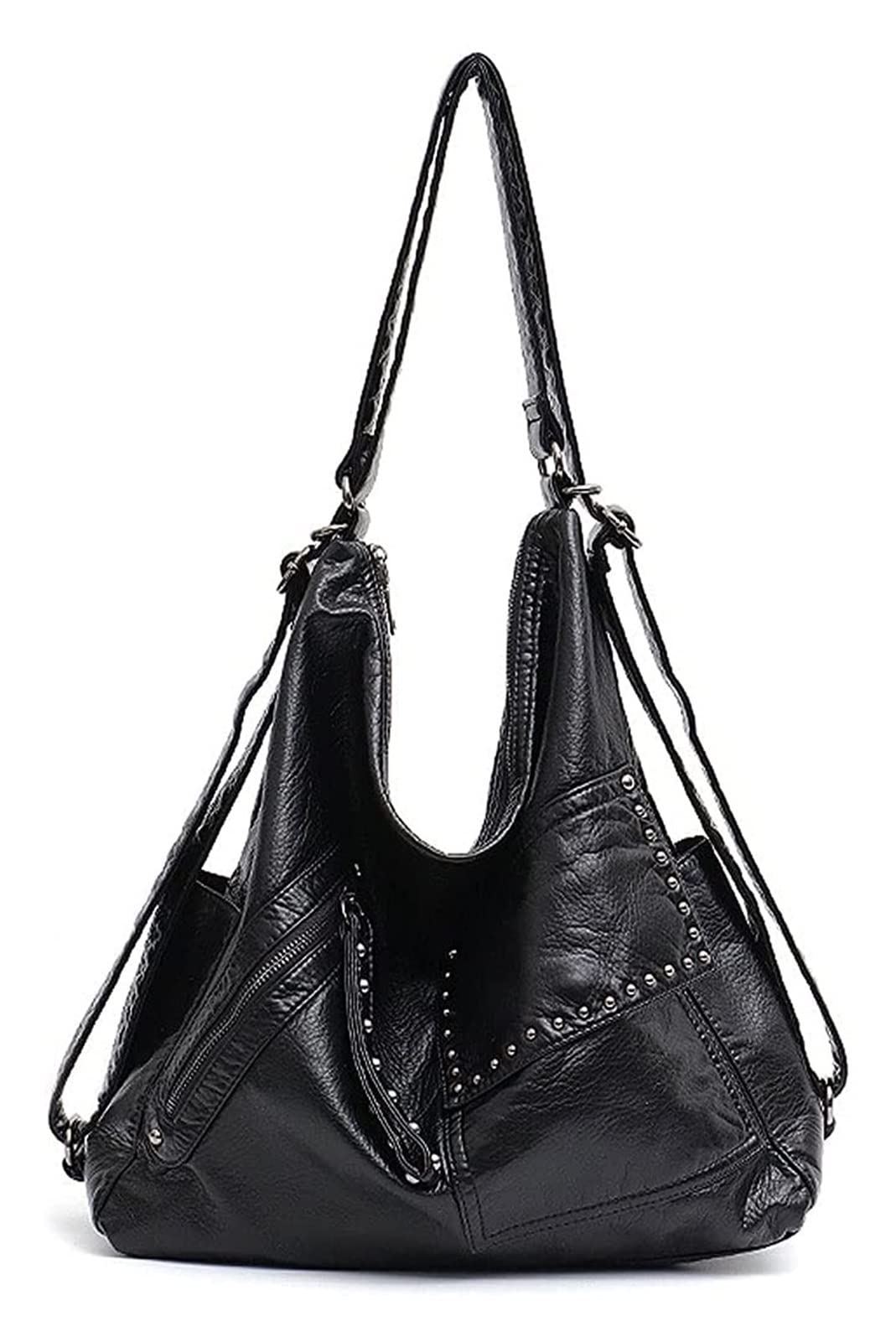 YATBzz Women's Small Vegan Leather Backpack - Soft Washed PU Shoulder Bag with Rivets, Large Functional School Bag for Daily Use (Black) - Perfect for Work, Travel & College