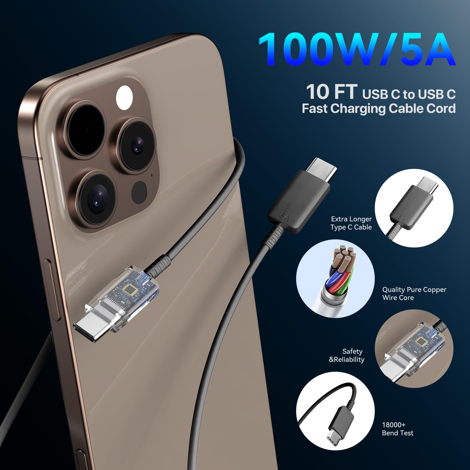 45W USB C Fast Charger for iPhone 16 Pro Max - 10FT Long Cable Included - Compatible with iPhone 16/15 Series & Samsung Galaxy S25 Ultra - Perfect for Home, Office & Travel Charging