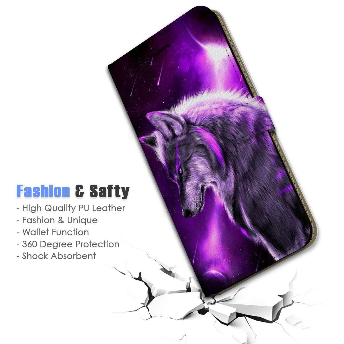 Cool Wolf Designed Flip Wallet Phone Case Cover for iPhone X & iPhone Xs - Slim Protective Leather Case with Card Slots for Daily Use & Travel