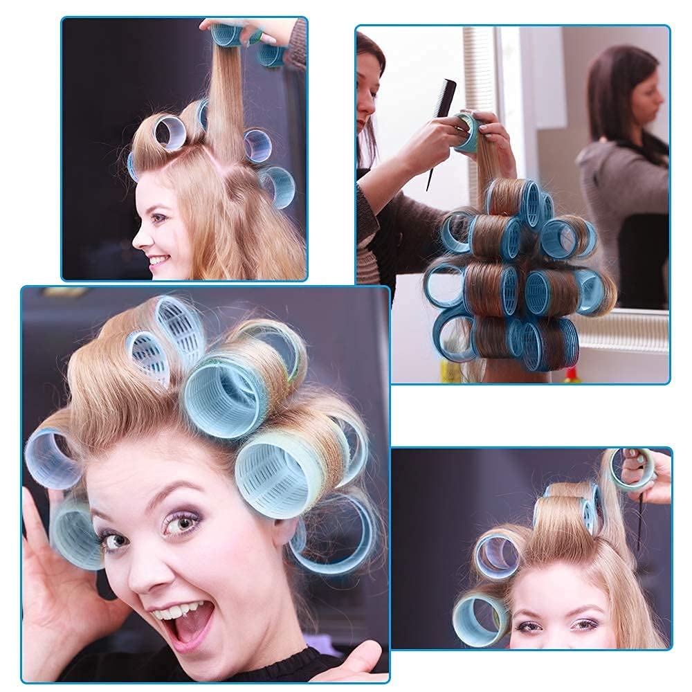 SIYAA Jumbo Hair Rollers Set - 12 Pack No Heat Curlers for Long Hair with Clips & Comb (Blue) | Heatless Overnight Curling for Natural Waves & Voluminous Styles