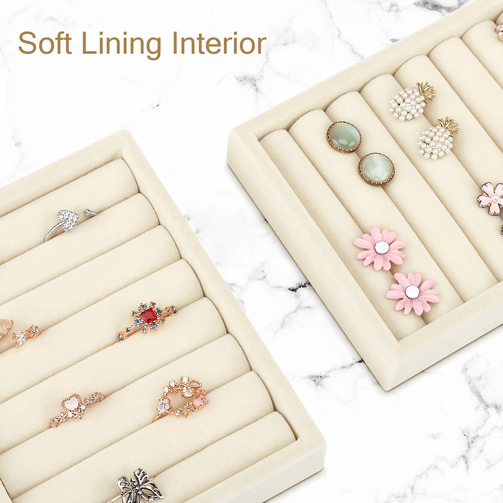 2-Piece Premium Velvet Jewelry Tray Organizer - Ring & Earring Display Holder with 8 Slots for Jewelry Box, Drawer, Dresser (Beige) | Perfect for Travel, Wedding Accessories & Vanity Organization