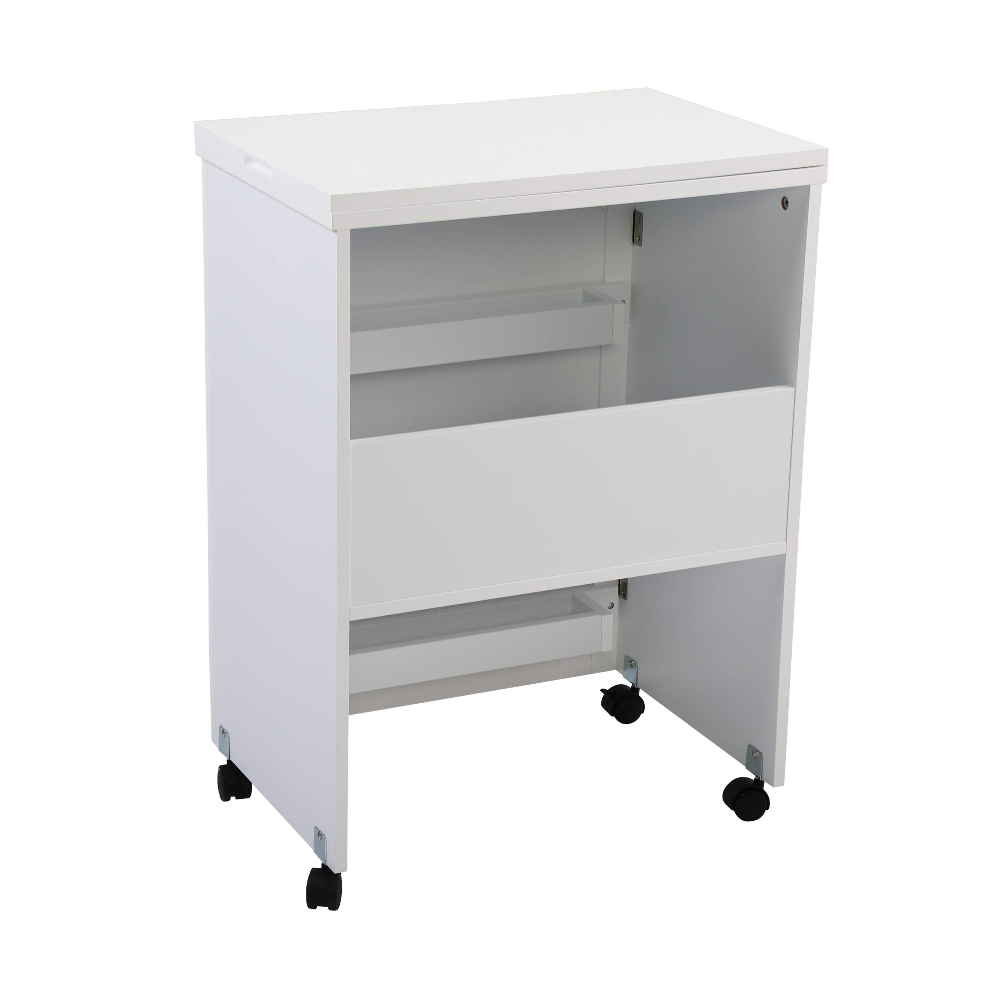 Compact Folding Sewing Craft Table with Storage Shelf & 3 Trays - White Sewing Machine Cabinet for Quilting, DIY Projects & Home Crafting Workspace