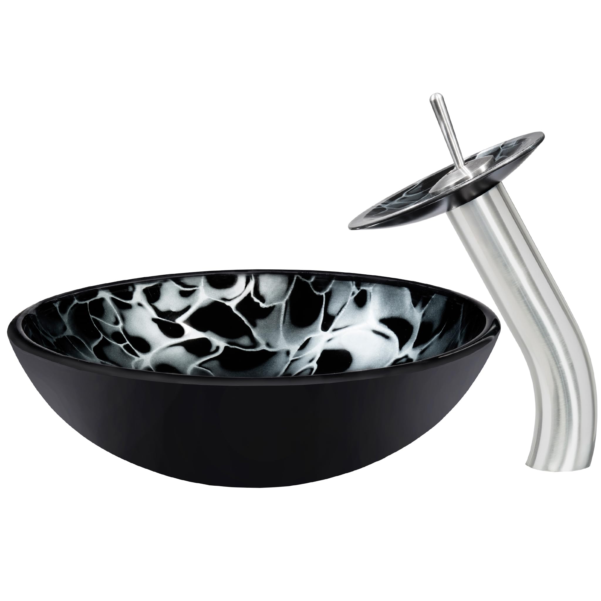 Novatto TARTARUA Glass Vessel Bathroom Sink Set with Brushed Nickel Faucet - Modern Above Counter Basin for Powder Room, Guest Bath & Luxury Home Decor
