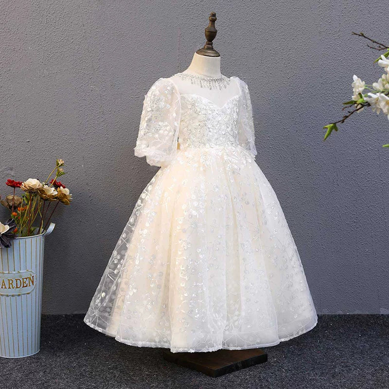 White Princess Sweetheart Floor Length Tulle Flower Girl Dress for Weddings & Special Occasions
