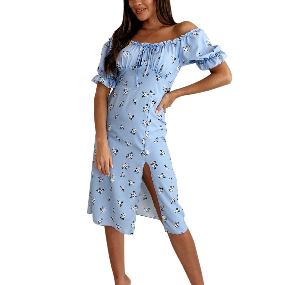 Boho Off Shoulder Summer Dress for Women - Floral Print Short Sleeve Casual Dress with Bell Sleeves & Side Slit | Beach Vacation, Party, Date Night Outfit