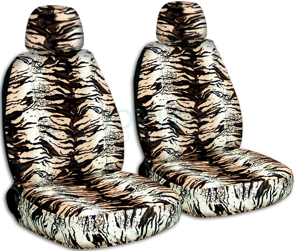 Universal Beige Snow Tiger Print Car Seat Covers - 2 Separate Headrests, Airbag & Seat Belt Compatible (30 Animal Prints) for SUVs, Trucks & Sedans - Perfect for Pet Owners & Wildlife Enthusiasts