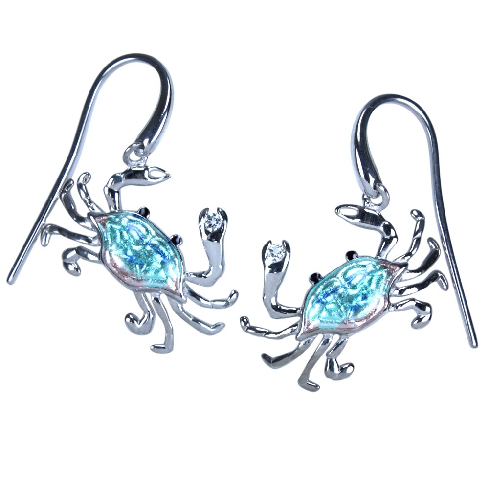 Blue Crab Dangle Earrings - Sterling Silver & Enamel Jewelry for Women | Beach Vacation, Summer Outfit & Coastal Style Accessories