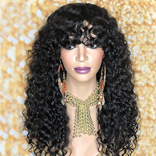Brazilian Remy Human Hair Machine Made Scalp Top Curly Wig with Bangs for Black Women - 200% Density, 16 Inch Natural Color - Perfect for Daily Wear, Parties & Special Occasions