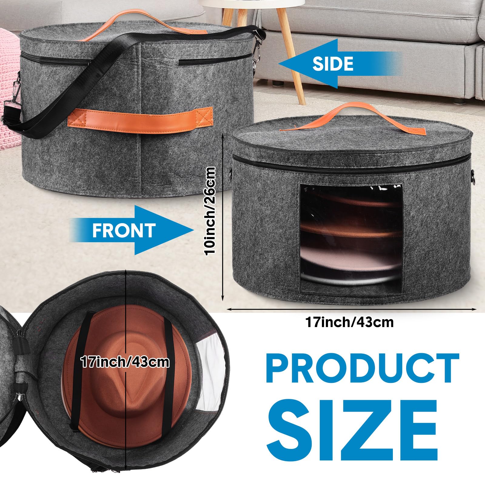 Suzile 4 Pack Large Round Foldable Felt Hat Storage Box for Women - 17 x 10 Inch Cowboy Hat Organizer with Lid, Closet Organizer for Hats, Clothes & Accessories (Gray) - Perfect for Home, Travel & Western Style Wardrobe Organization