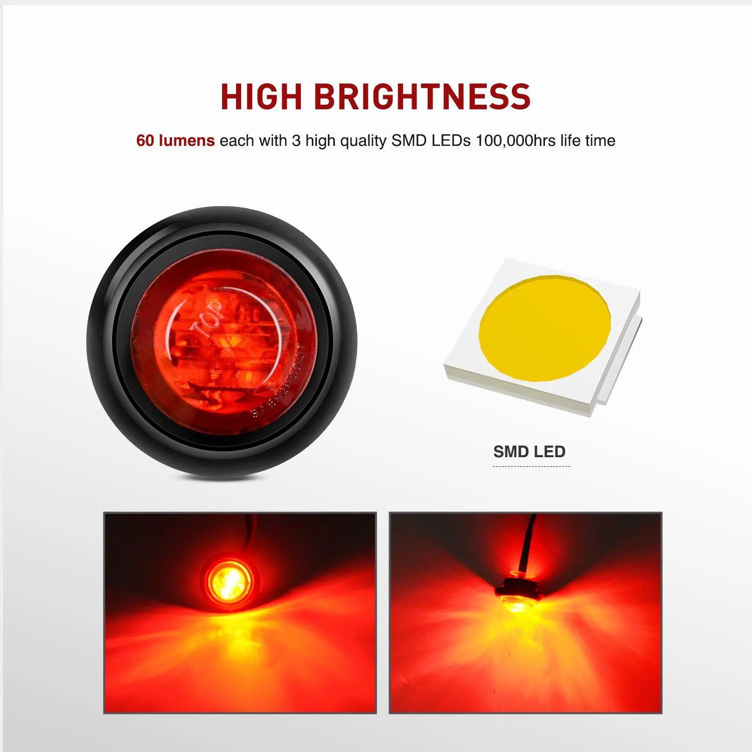3/4 Inch Red Round LED Marker Lights - 10 Pack for Trucks, Trailers, Boats & Off-Road Vehicles - Durable, Waterproof & Bright Safety Lights