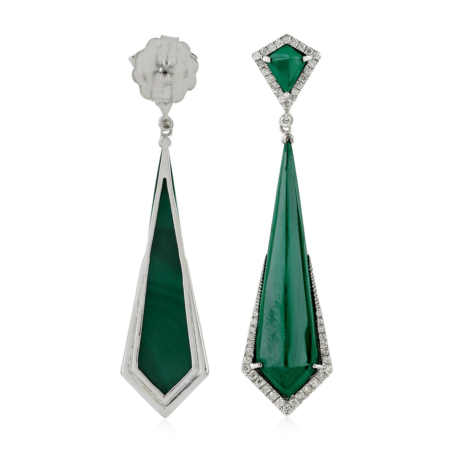 18k White Gold Malachite Diamond Dangle Earrings for Women - Elegant Jewelry Gift for Parties, Weddings & Special Occasions