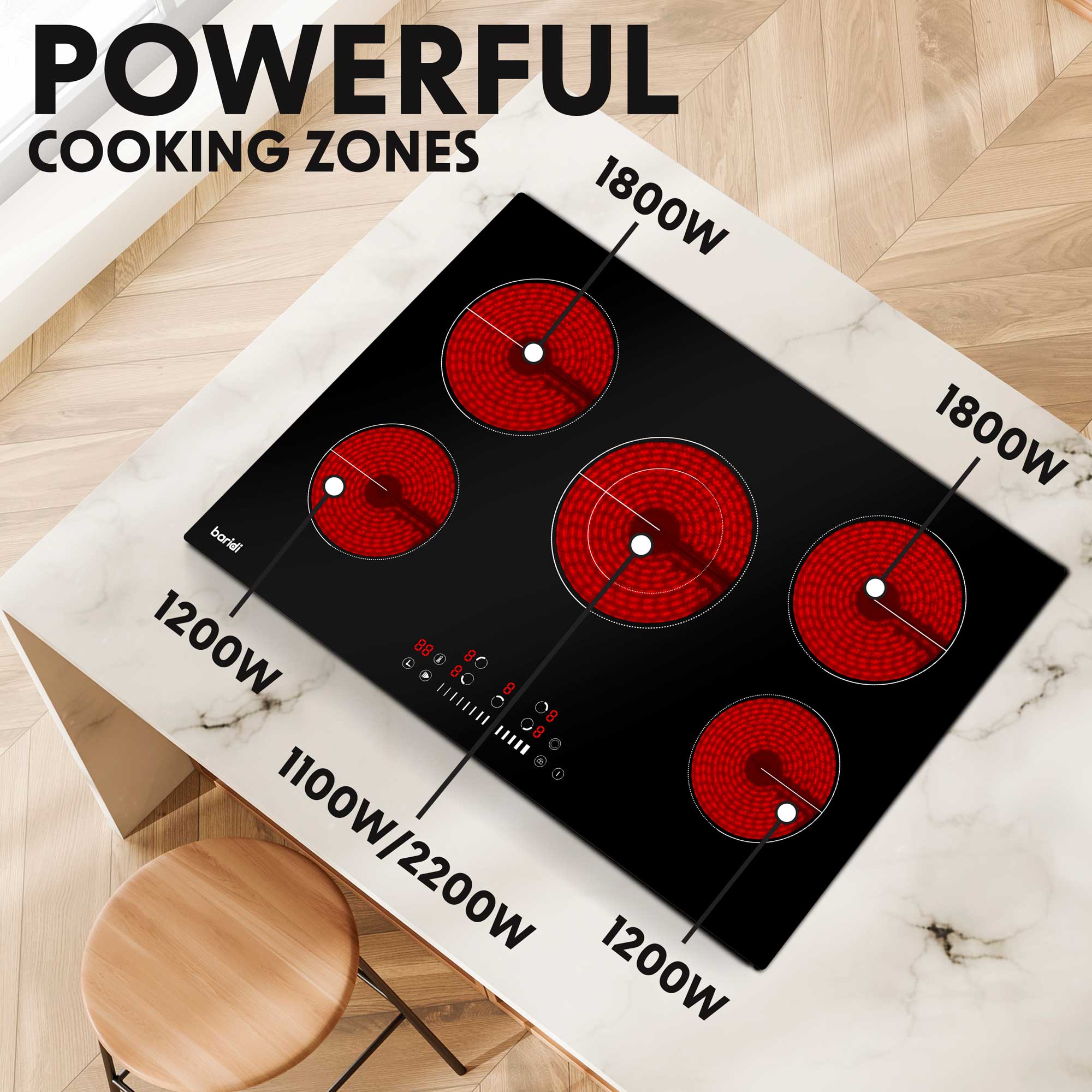 Baridi 77cm Built-In Ceramic Hob with 5 Cooking Zones - 8200W Black Glass Electric Cooktop for Modern Kitchens | Perfect for Home Chefs & Large Family Cooking