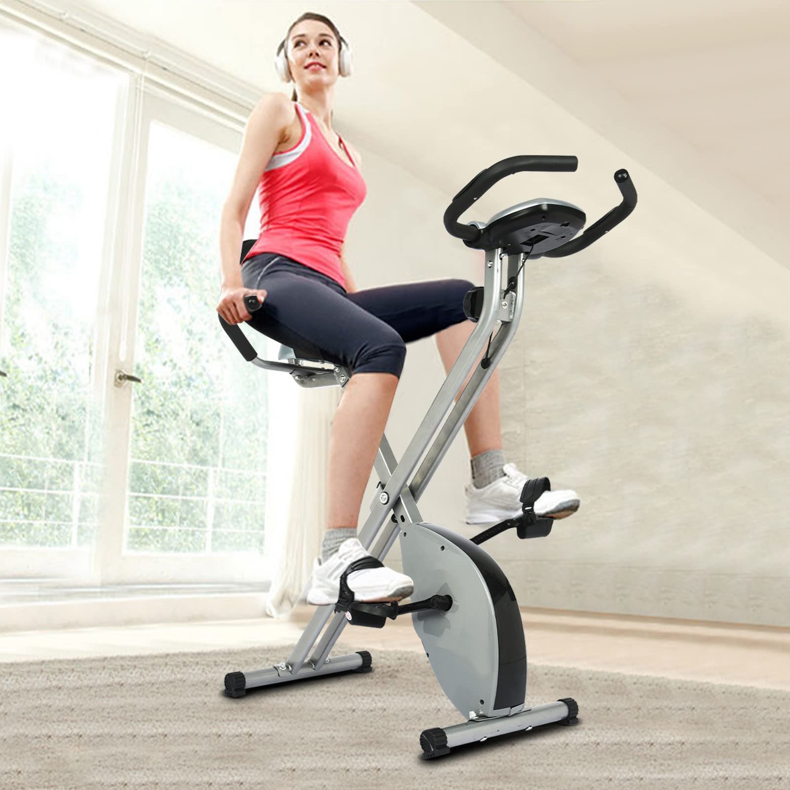 BONAQA Foldable Exercise Bike with Backrest - Adjustable Home Office & Kids Indoor Cycling Equipment for Cardio Workout (White, Model 1205) | Perfect for Small Spaces, Home Gym & Family Fitness