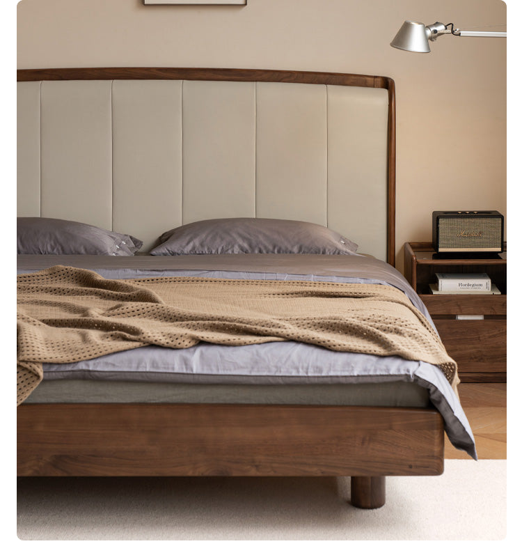 Premium Black Walnut & Ash Solid Wood Leather Upholstered Bed Frame - High Soft Back Support for Master Bedroom, Guest Room & Luxury Home Decor