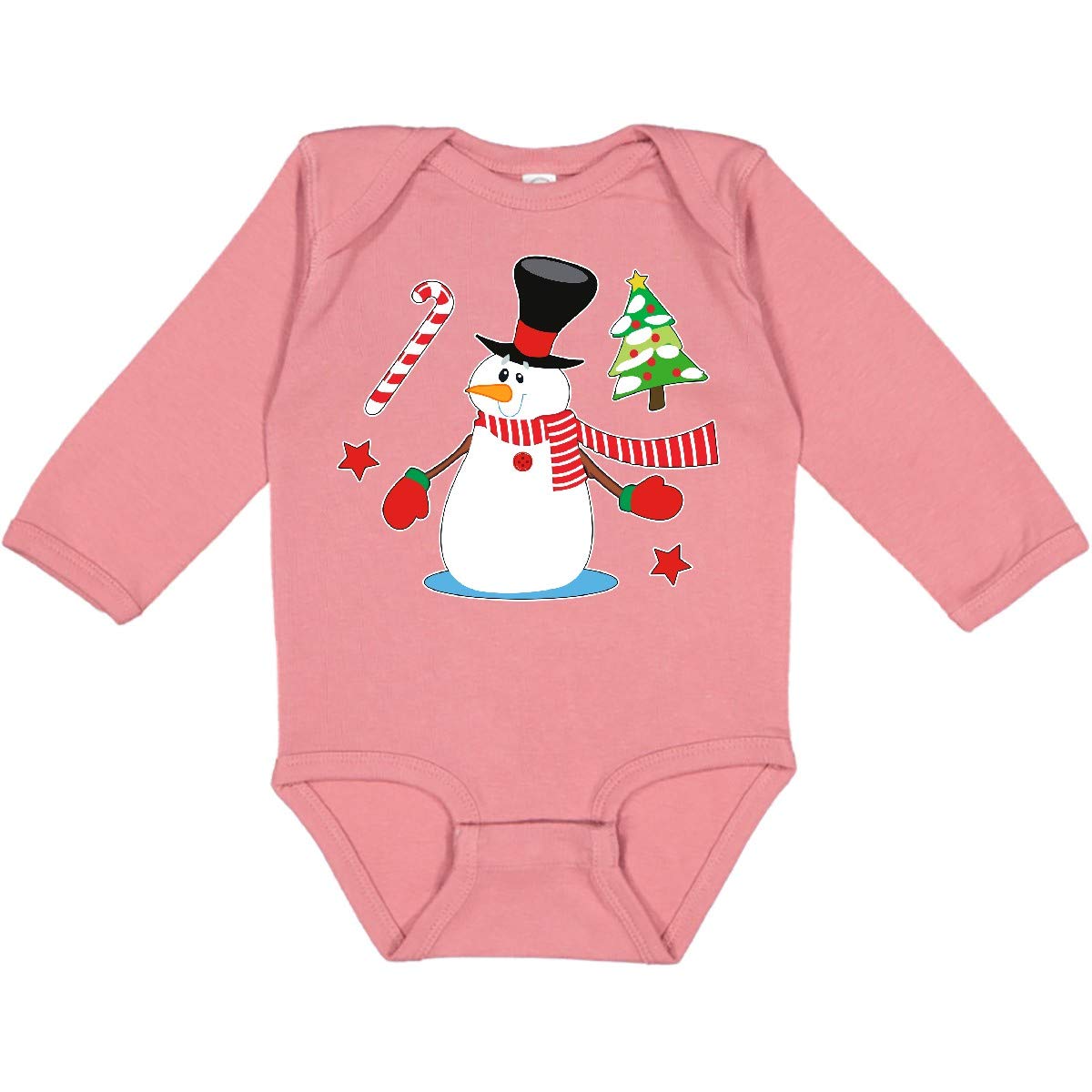 Inktastic Top Hat Snowman with Christmas Tree & Candy Cane Long Sleeve Baby Bodysuit - Festive Holiday Outfit for Christmas Photos & Newborn Gift