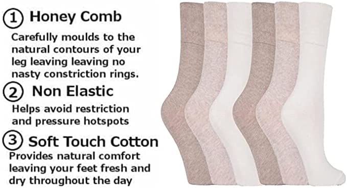 COSHAL® 3 Pairs Women's Diabetic Socks - Wide Honeycomb Top, Soft Cuff Ankle, Medium-Elastic Grip, Non-Binding Circulatory Socks for Sensitive Feet (Size 4-7) | Perfect for Daily Wear, Diabetes Care & Improved Blood Circulation