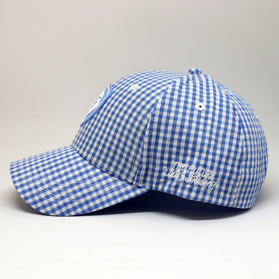 VT Shield Future Looks Bright Sky Blue Gingham Check Snapback Hat - Trendy Baseball Cap for Men & Women - Perfect for Outdoor Sports, Casual Wear and Street Fashion