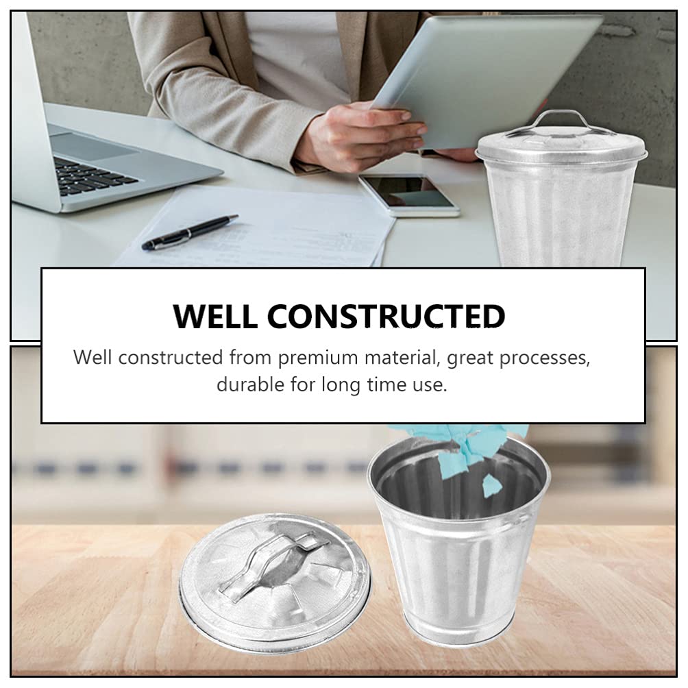 Jojofuny Mini Desktop Trash Can - Small Iron Wastebasket with Pencil Holder, Perfect for Home, Office & Kitchen - Silver (Ideal for Desks, Countertops & Workspaces)