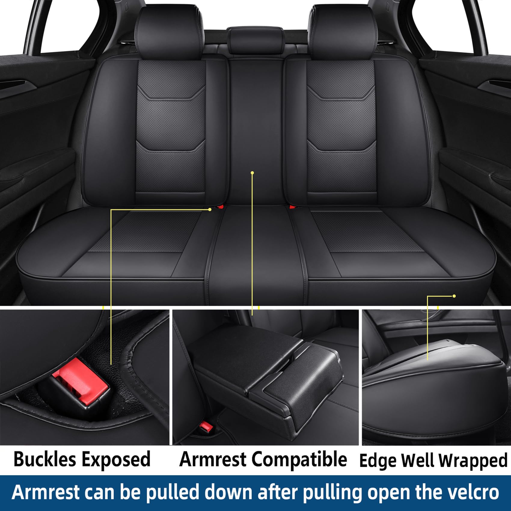 Premium Faux Leather Car Seat Covers Full Set - Universal Fit for Most Sedans & SUVs | Super Breathable, Full Wrapping Edge Design | Perfect for Daily Commute, Road Trips & Family Protection (Black)