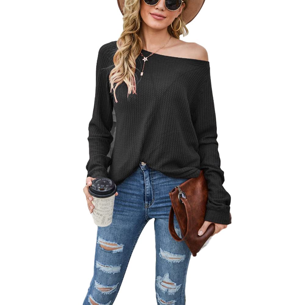 Domirica Women's Casual Crewneck Waffle Knit Blouse - Loose Fit Tunic Top for Everyday Wear | Comfortable Plain Shirt for Work, Weekend & Layering