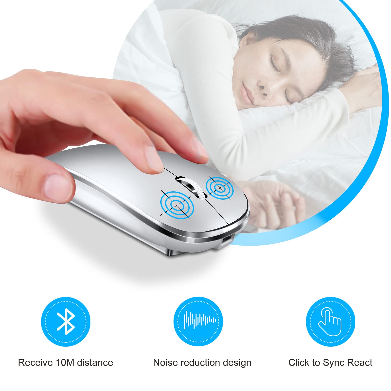 Rechargeable Wireless Bluetooth Mouse for MacBook Pro/Air, iPad, Laptop, PC & Tablet - Ergonomic Silent Click, Silver - Perfect for Office Work, Home Use & Travel