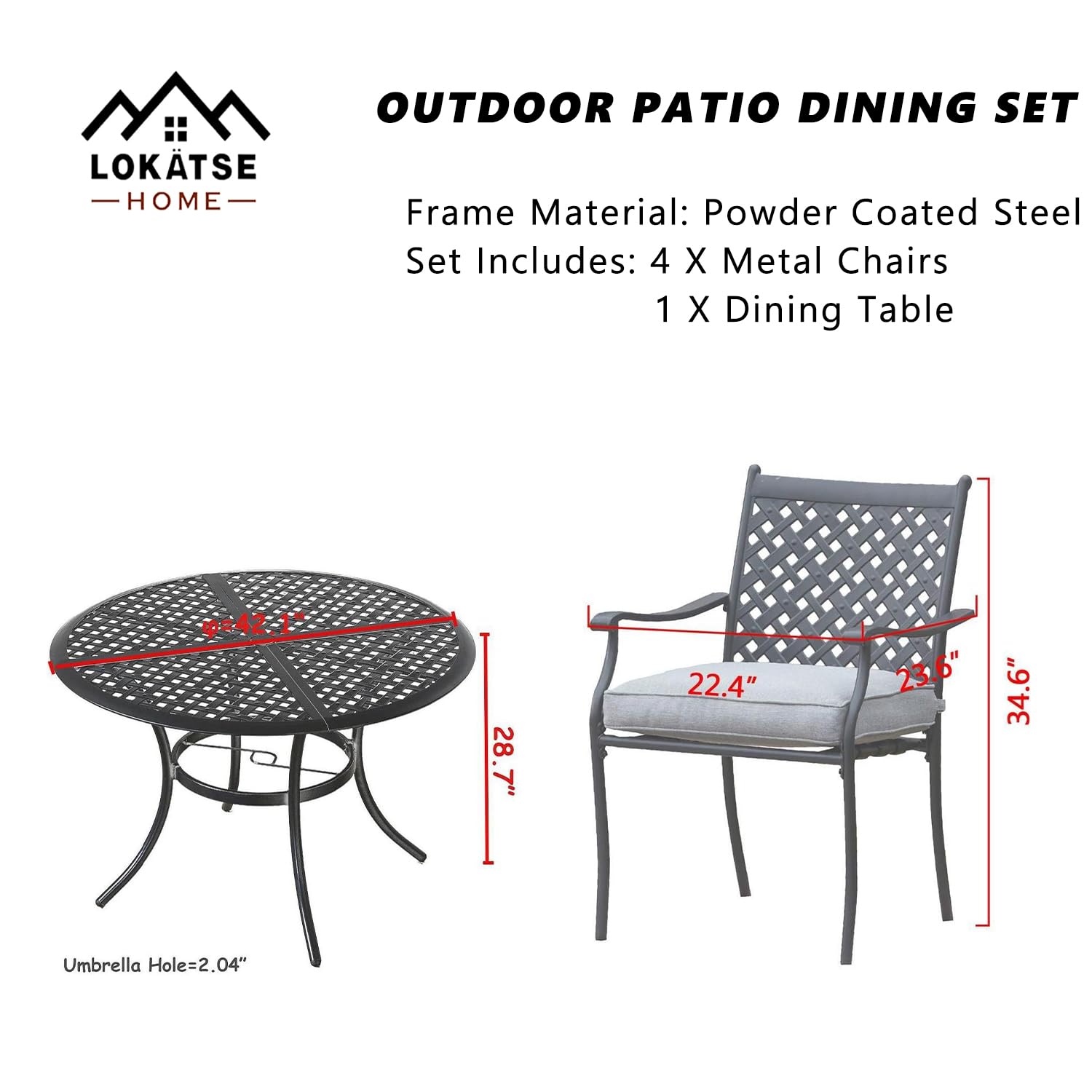 LOKATSE HOME 5-Piece Outdoor Dining Set - Metal Patio Furniture with Round Table & 4 Chairs, Umbrella Hole - Grey - Perfect for Backyard, Garden, Poolside & Deck Relaxation