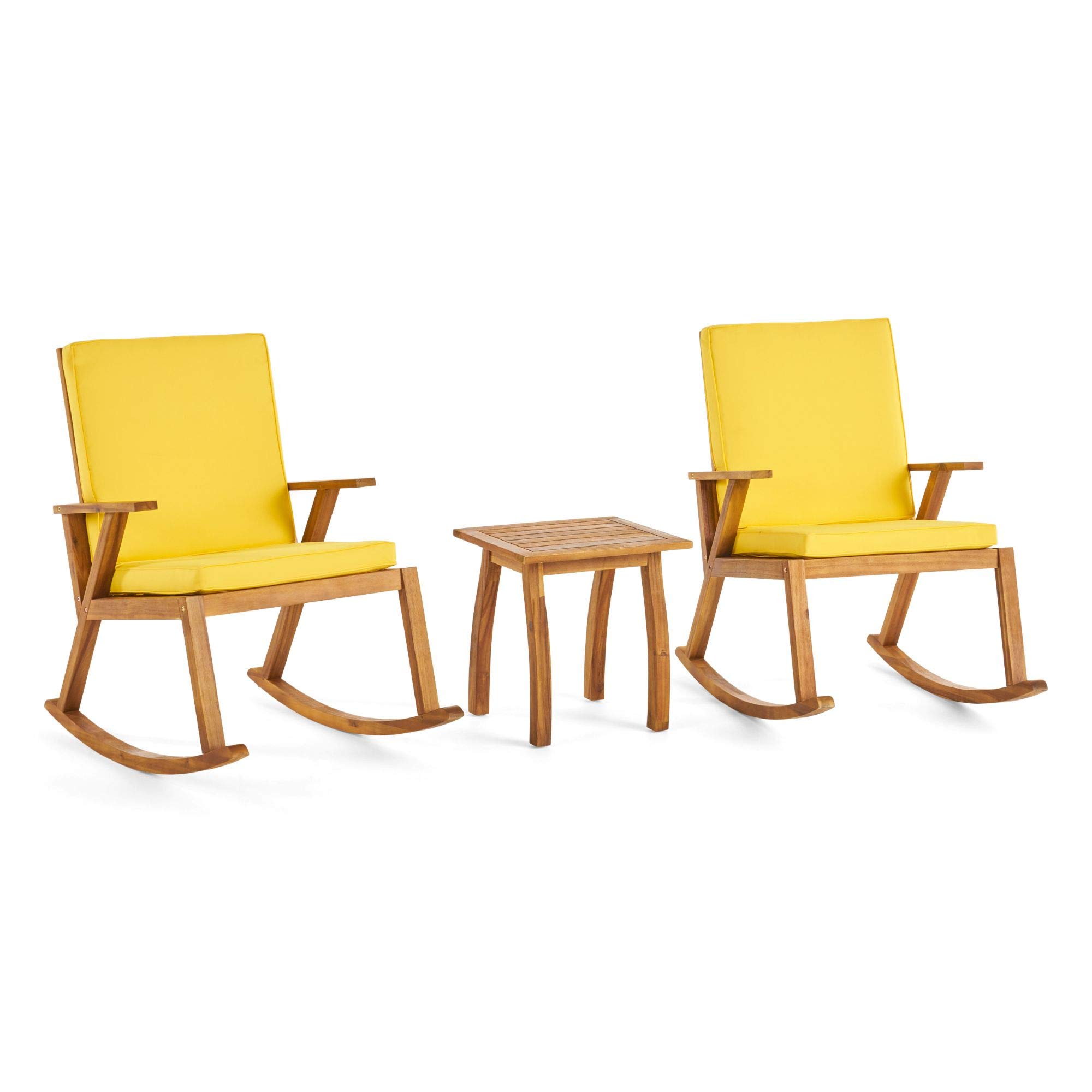 3-Piece Brown Teak Finish Outdoor Patio Furniture Set with Yellow Cushions - Modern Conversation Set for Garden, Deck & Backyard Relaxation