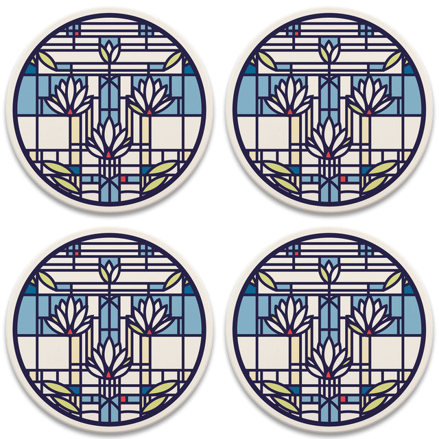 Waterlilies Round Coasters Set of 4 - Absorbent Cork Drink Coasters for Coffee Table, Bar, Dining Room - Home Decor & Kitchen Accessories