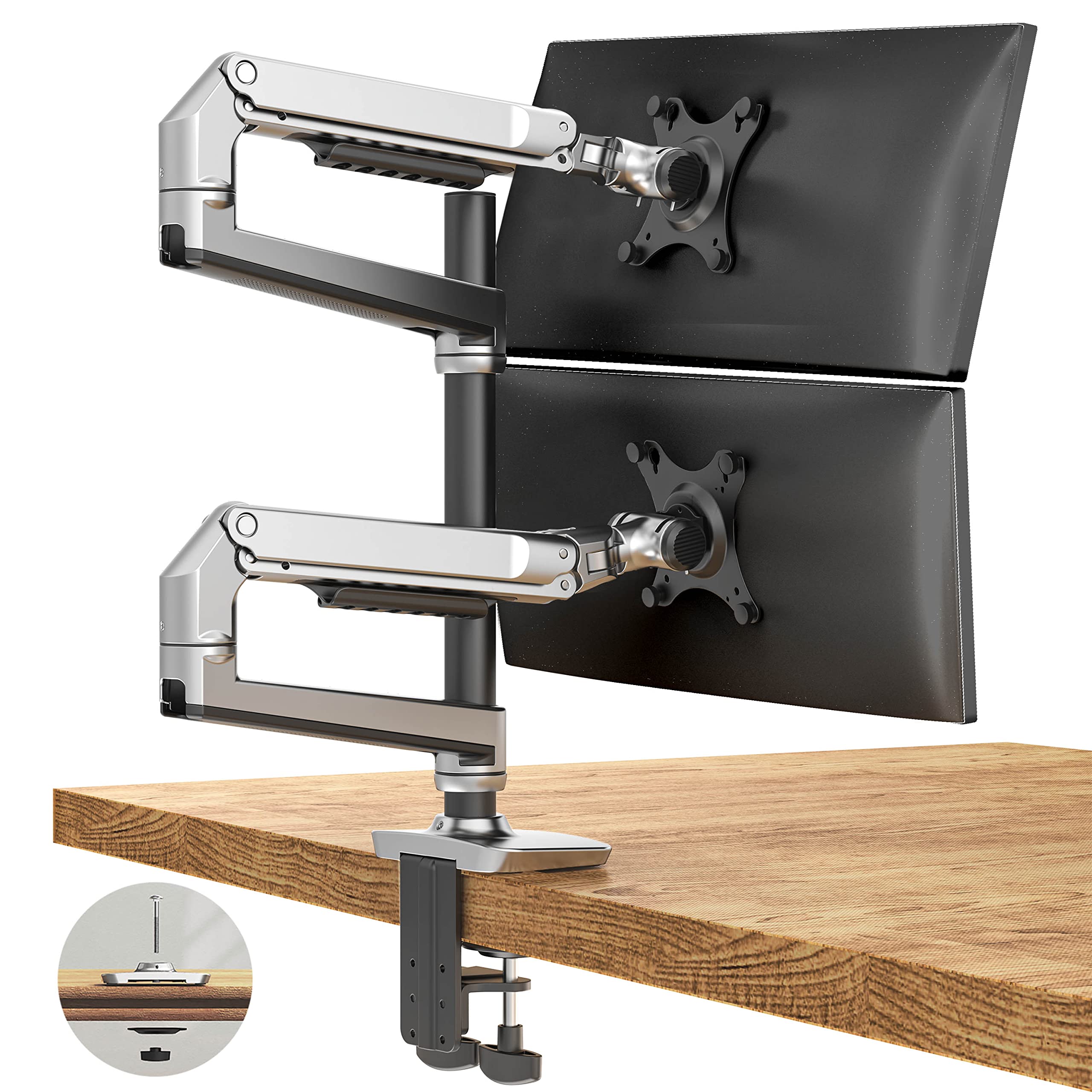 Dual Monitor Stand for 40 Inch Screens - Heavy Duty Adjustable Monitor Arm with C-Clamp & Grommet Base - Aluminum Silver Dual Monitor Mount Holds 25 lbs - Perfect for Home Office, Gaming Setup & Workstation Ergonomics