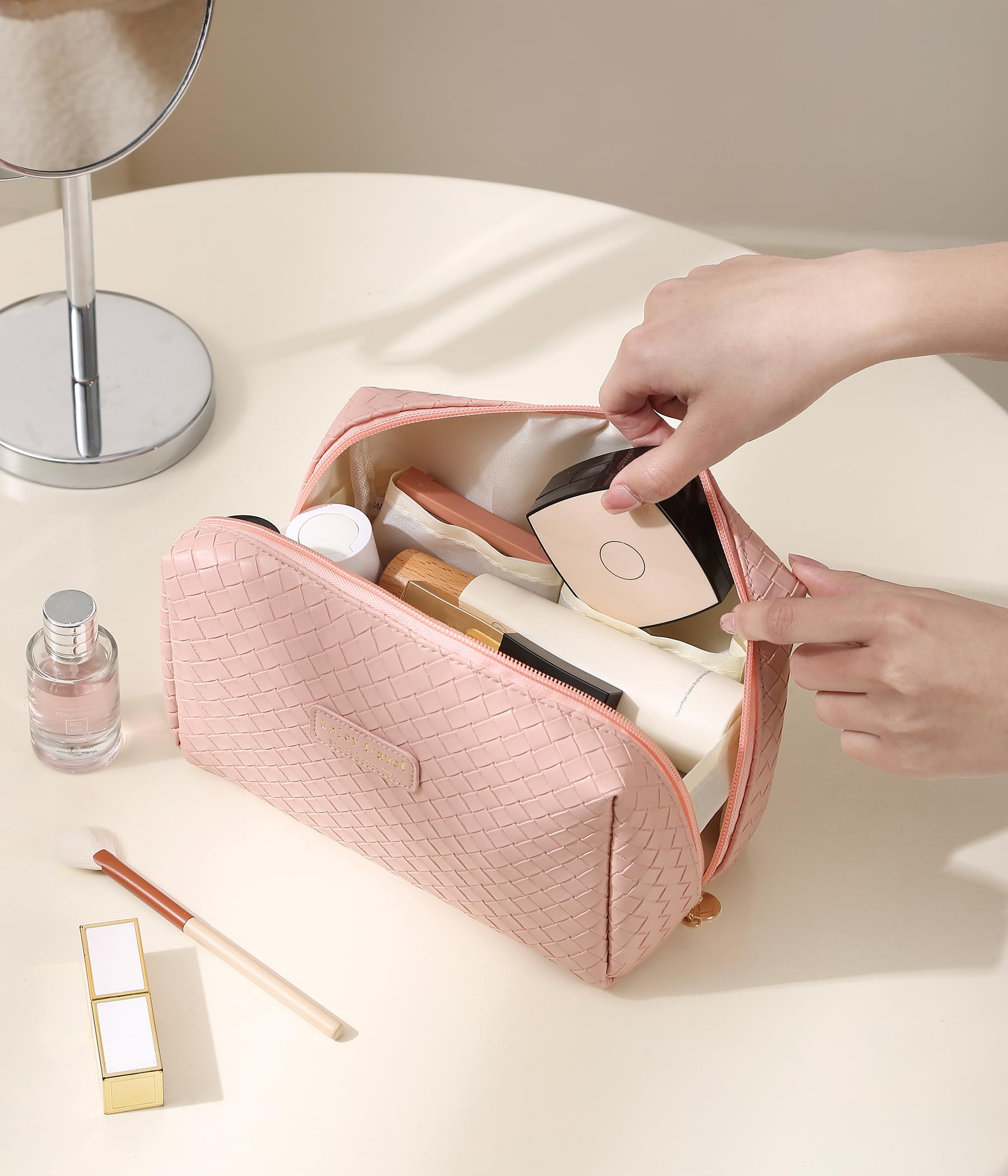 Waterproof Travel Makeup Bag for Women - Small Cosmetic Organizer with Dividers & Zipper (Pink) | Perfect for Airplane Carry-on, Gym Essentials & Weekend Getaways